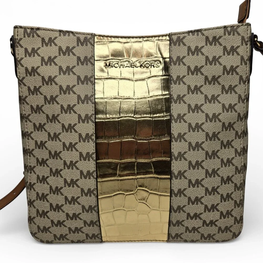 NWT Michael Kors Center Stripe Crossbody‎ Purse Metallic Pale Gold Croc Embossed